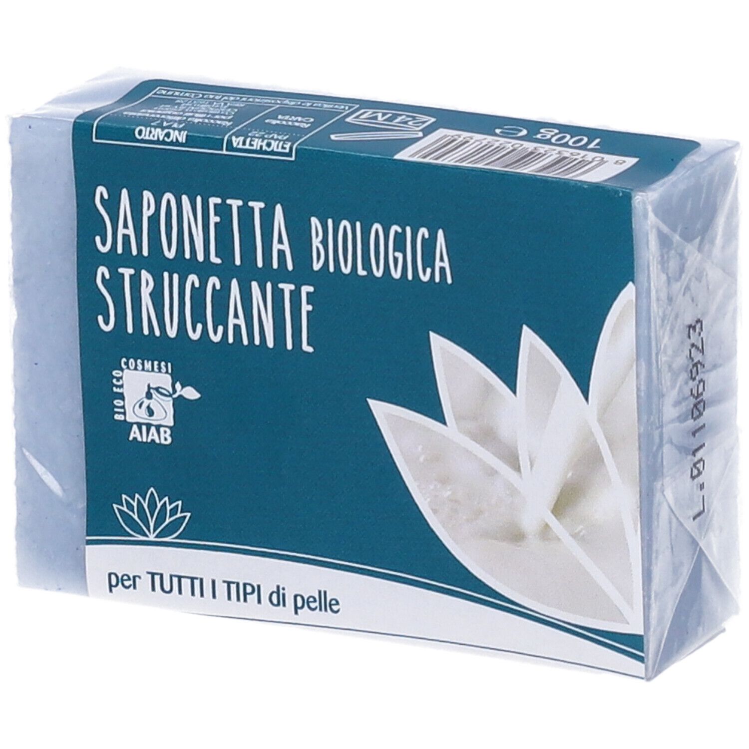 Panetto di sapone in confezione blu. Scritta: Saponetta Biologica Struccante. Per tutti i tipi di pelle. Certificazione bio.
