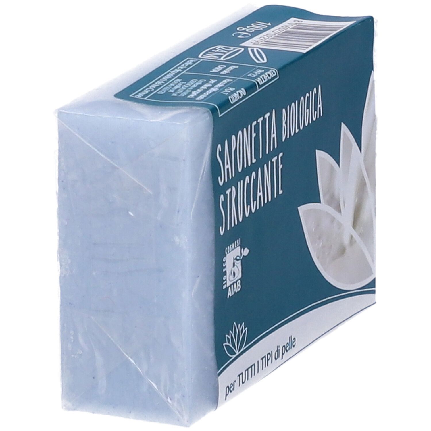 Panetto di sapone in confezione blu. Scritta: Saponetta Biologica Struccante. Per tutti i tipi di pelle. Certificazione bio.