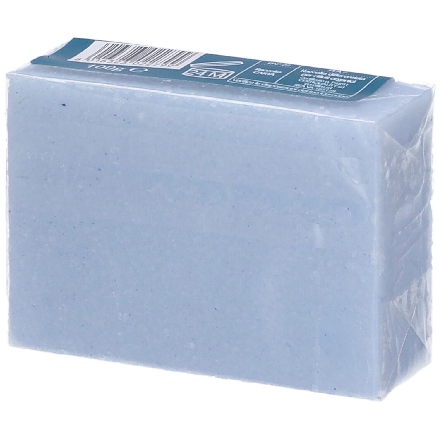 Panetto di sapone in confezione blu. Scritta: Saponetta Biologica Struccante. Per tutti i tipi di pelle. Certificazione bio.