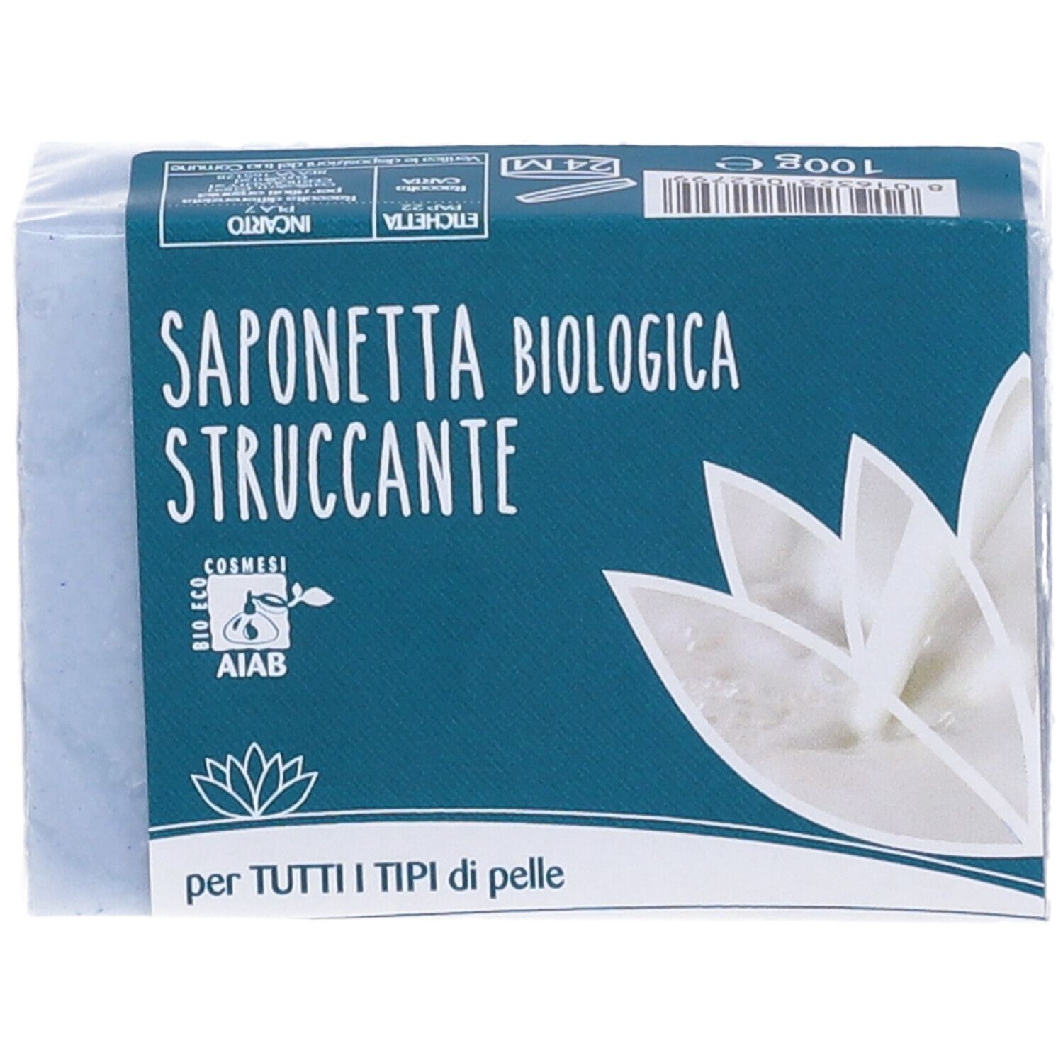 Panetto di sapone in confezione blu. Scritta: Saponetta Biologica Struccante. Per tutti i tipi di pelle. Certificazione bio.