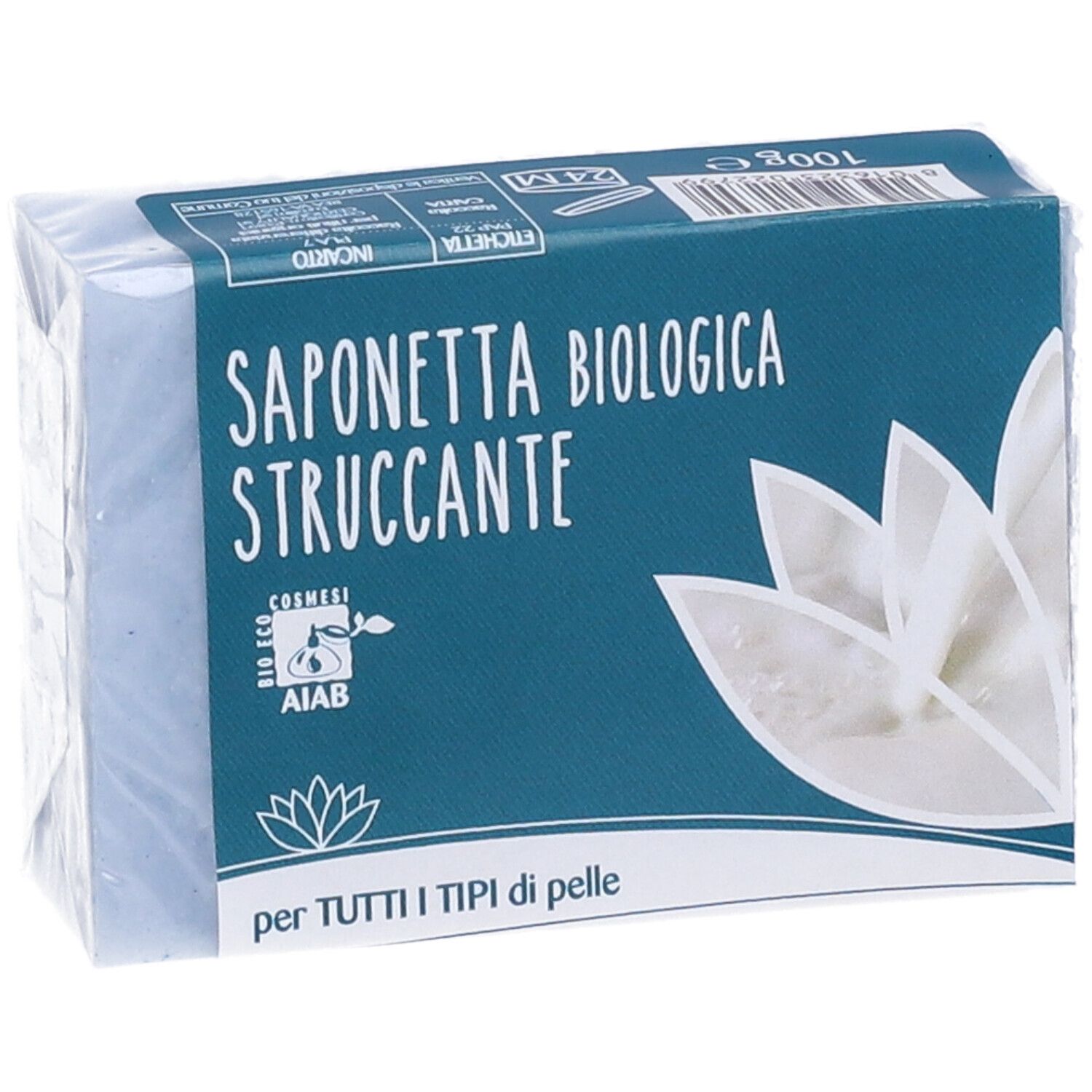 Panetto di sapone in confezione blu. Scritta: Saponetta Biologica Struccante. Per tutti i tipi di pelle. Certificazione bio.