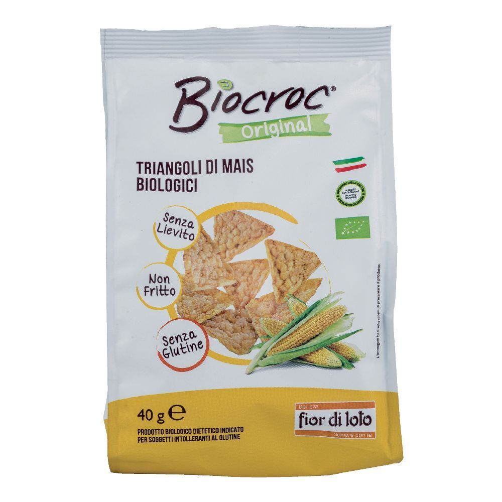 Confezione di Biocroc Triangoli Di Mais Bio. Scritte: Senza lievito, non fritto, senza glutine. 40g, marchio bio.