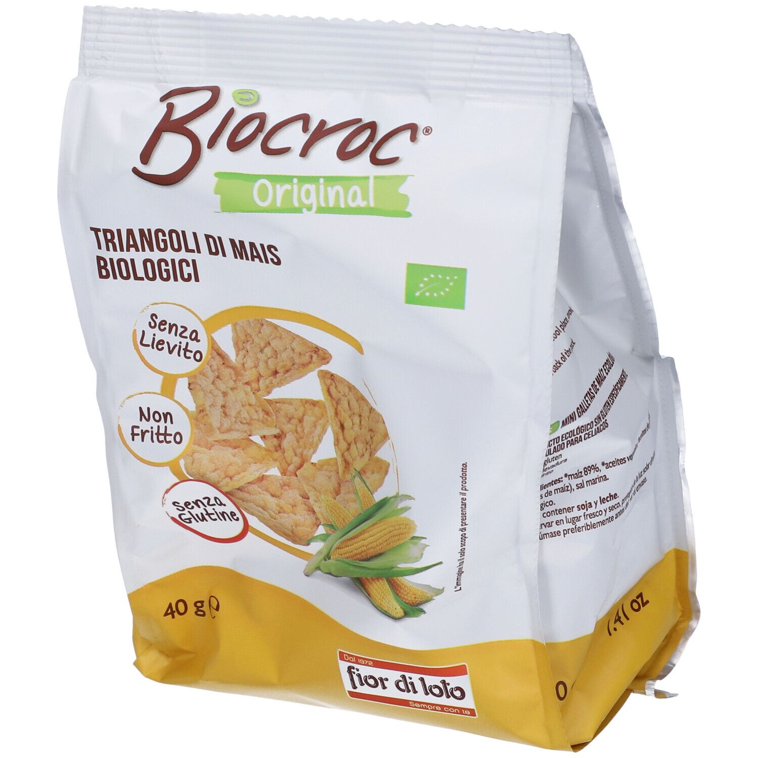 Confezione aperta di Biocroc Triangoli Di Mais Bio. Scritte: Senza lievito, non fritto, senza glutine. 40g, marchio bio.