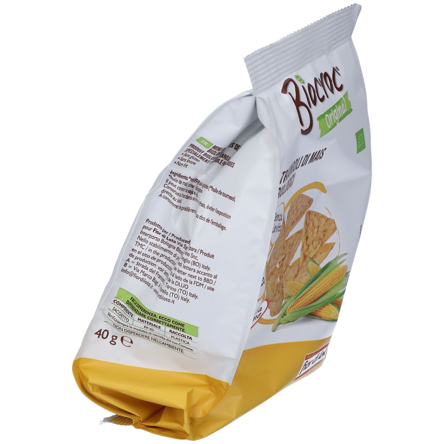 Confezione inclinata di Biocroc Triangoli Di Mais Bio. Scritte: Senza lievito, non fritto, senza glutine. 40g, marchio bio.