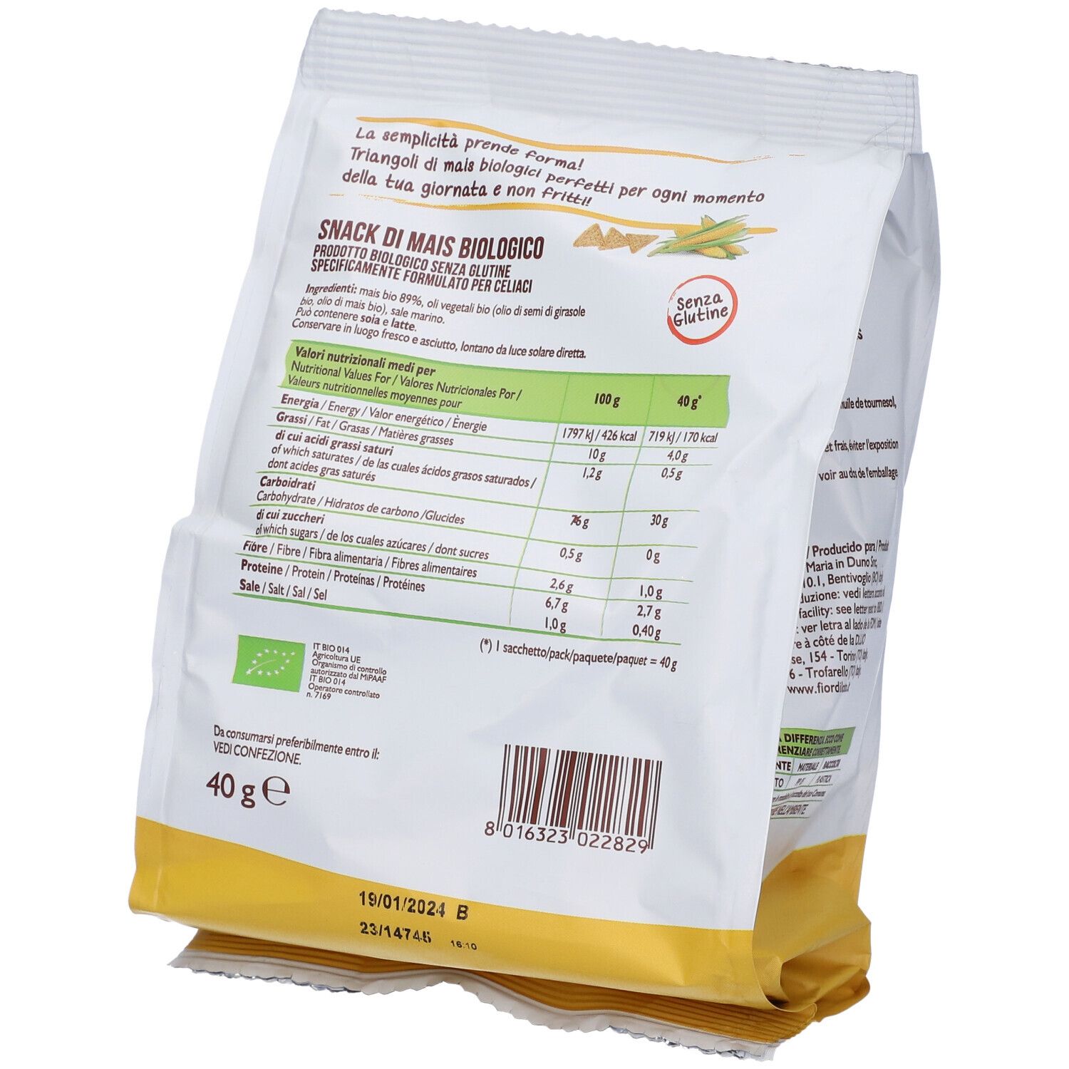 Retro della confezione Biocroc Triangoli Di Mais Bio. Informazioni nutrizionali, marchio bio, 40g. Scadenza.
