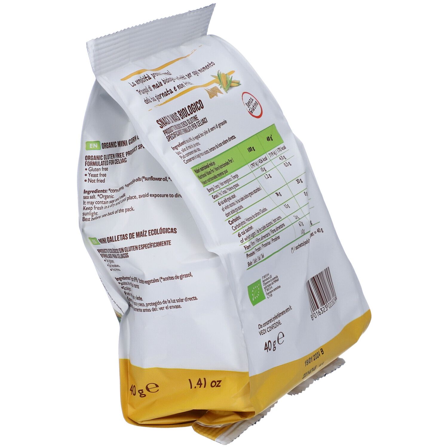Retro inclinato della confezione Biocroc Triangoli Di Mais Bio. Informazioni nutrizionali, marchio bio, 40g. Scadenza.