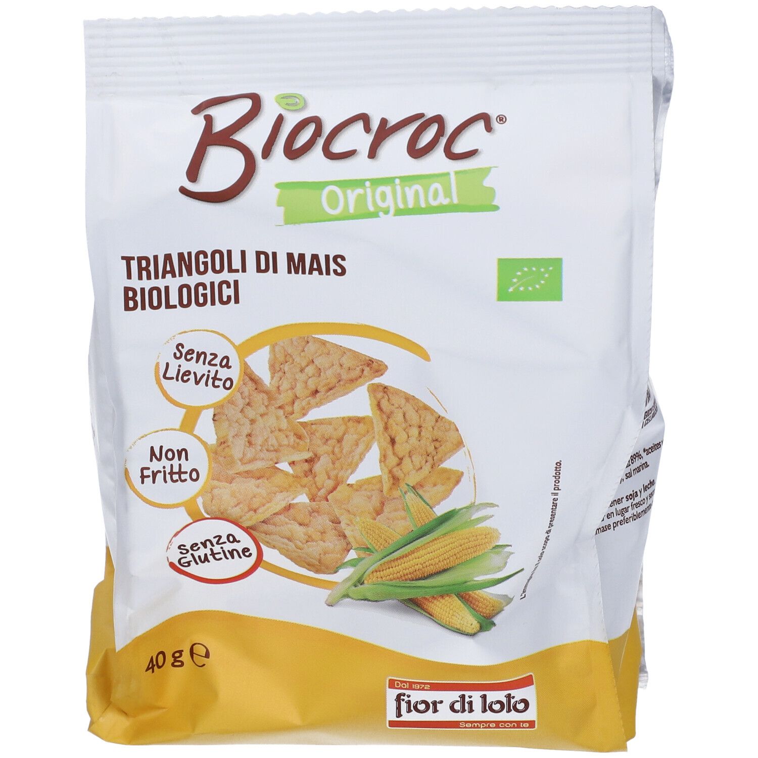 Confezione Biocroc Triangoli Di Mais Bio. Scritte: Senza lievito, non fritto, senza glutine. 40g, marchio bio.