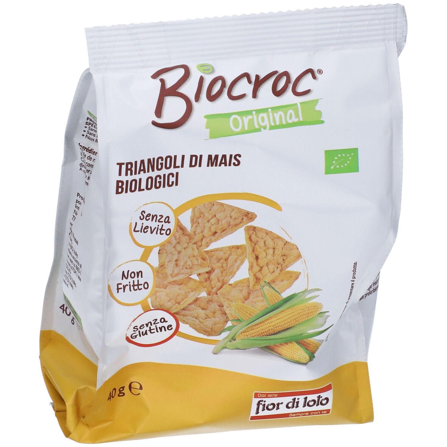 Confezione Biocroc Triangoli Di Mais Bio. Scritte: Senza lievito, non fritto, senza glutine. 40g, marchio bio.
