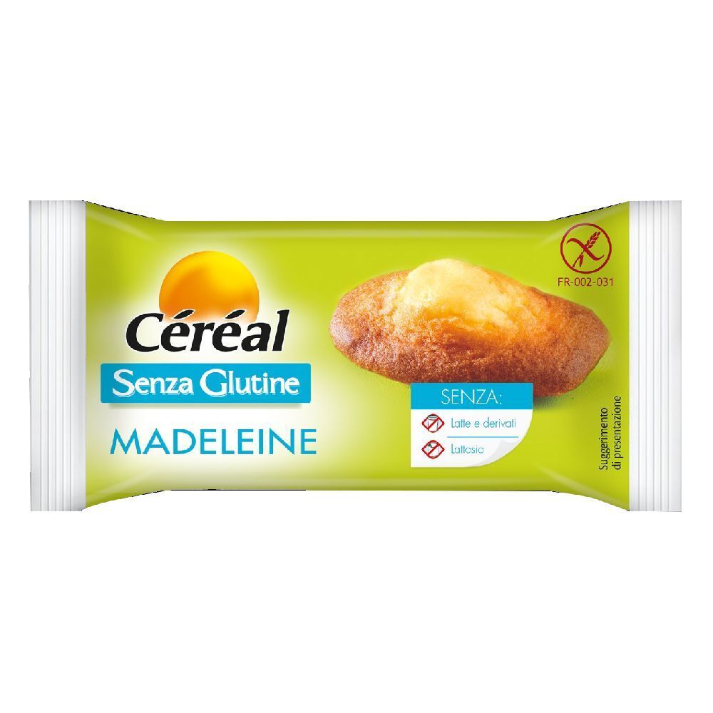 Confezione di Madeleine senza glutine Céréal. Confezione verde con immagine del prodotto e logo.