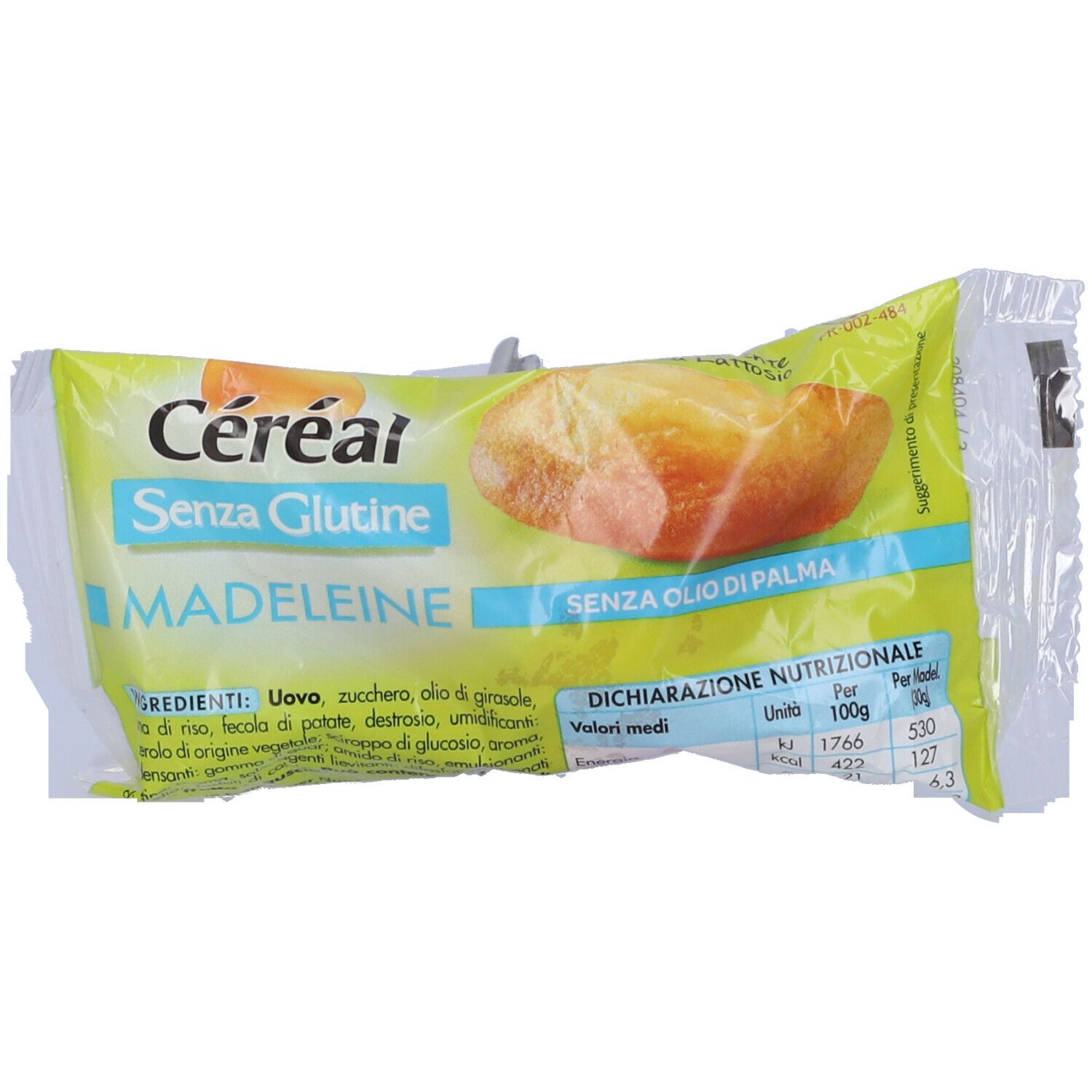Confezione di Madeleine senza glutine Céréal. Scritta 'Senza Olio di Palma'.