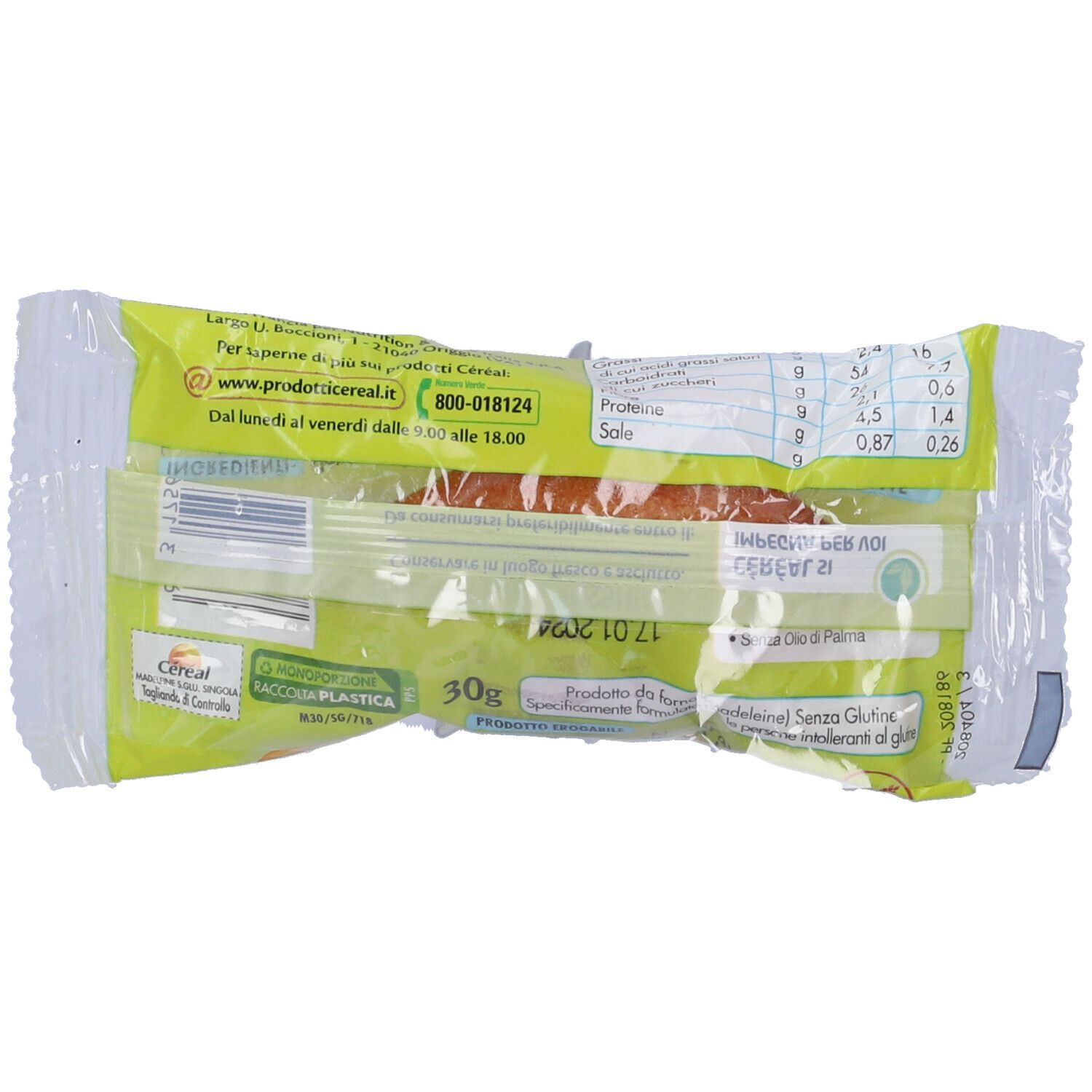 Retro della confezione di Madeleine. Contiene informazioni nutrizionali e lista ingredienti. 30g.