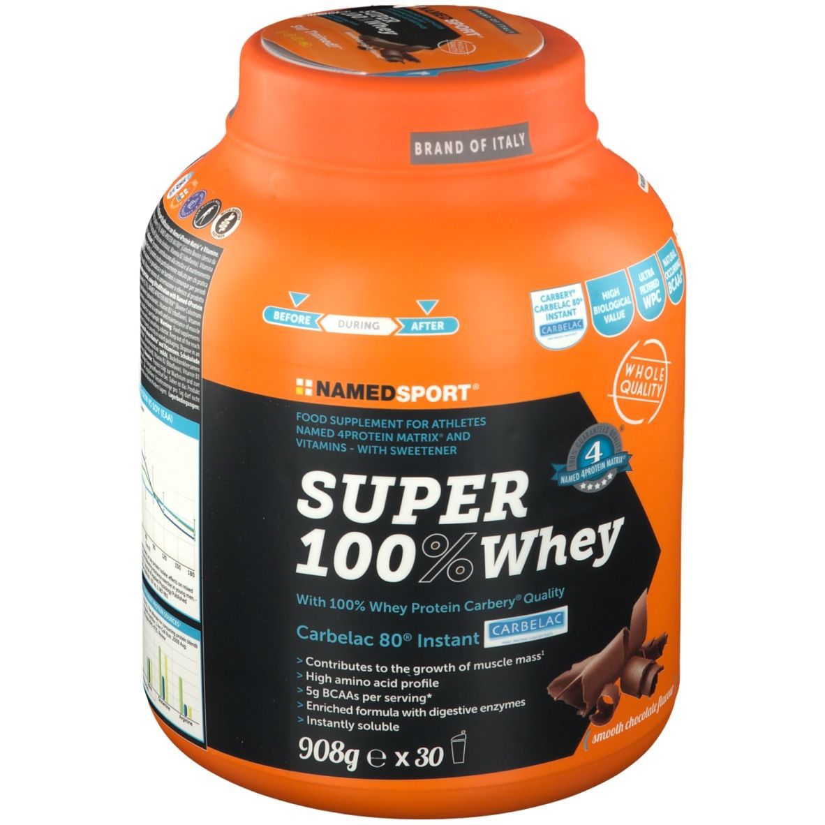 Barattolo arancione NAMEDSPORT Super 100% Whey. Etichetta nera con informazioni prodotto. Rappresentazione di scaglie di cioccolato.
