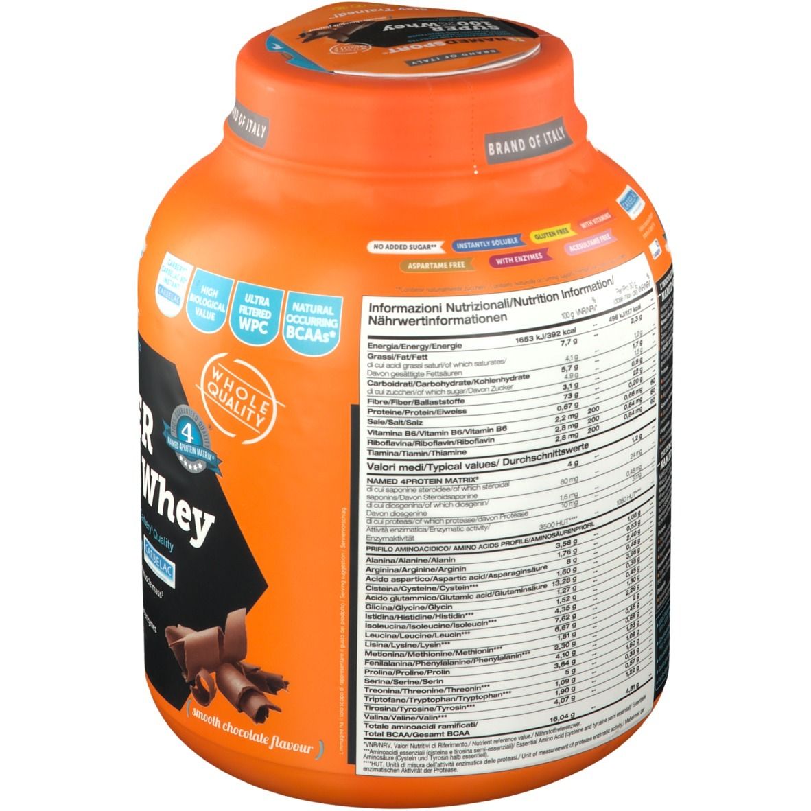 Barattolo arancione NAMEDSPORT Super 100% Whey. Retro con informazioni nutrizionali e testo. 'BRAND OF ITALY' in alto.