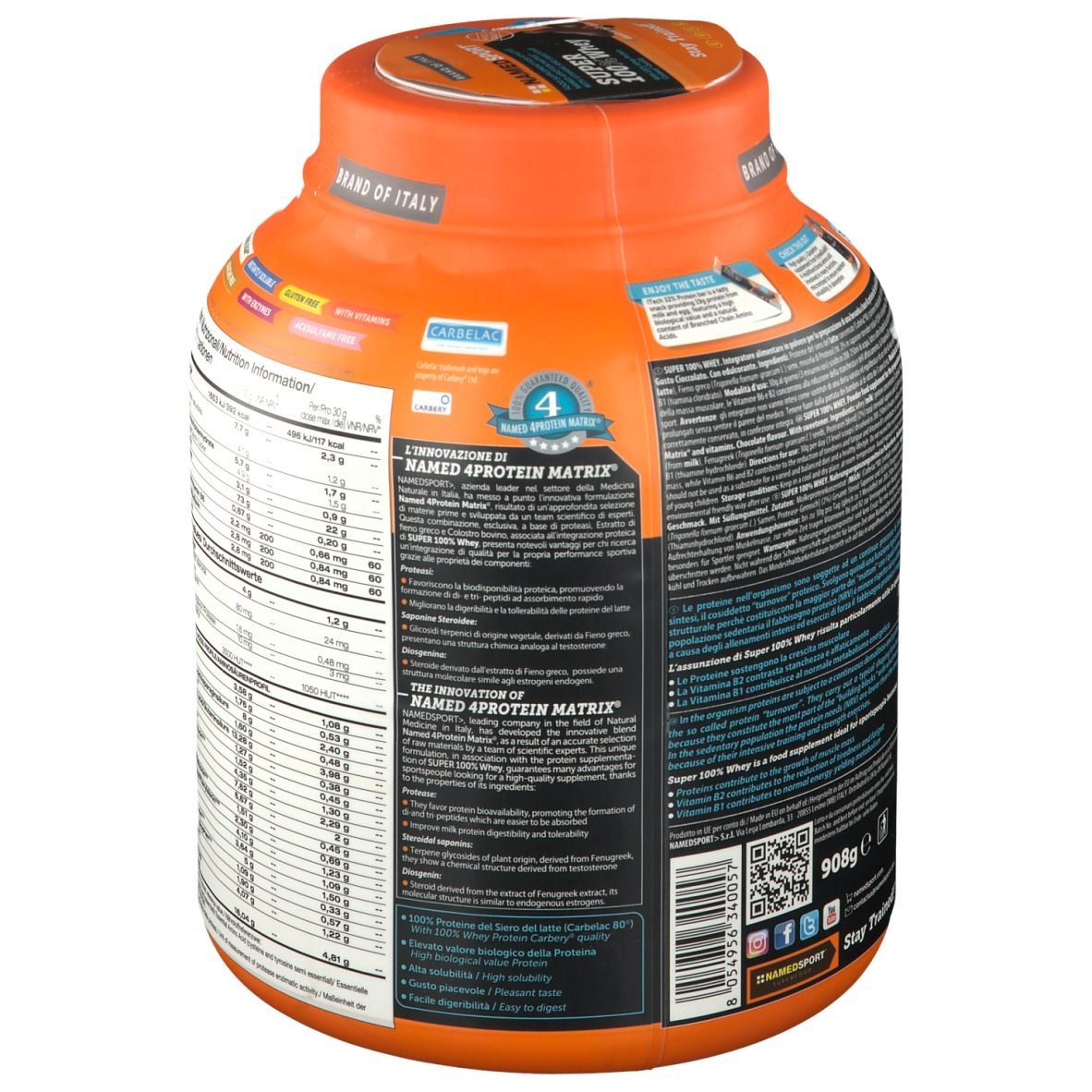 Barattolo arancione NAMEDSPORT Super 100% Whey. Retro con informazioni nutrizionali e testo. 'BRAND OF ITALY' in alto.