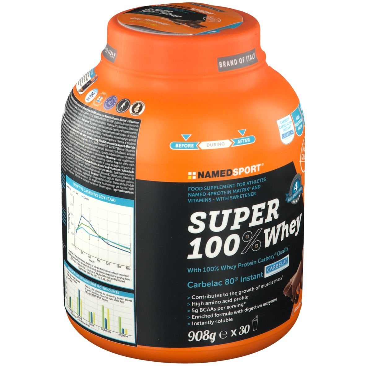 Barattolo arancione NAMEDSPORT Super 100% Whey. Etichetta nera con informazioni prodotto. Rappresentazione di scaglie di cioccolato.