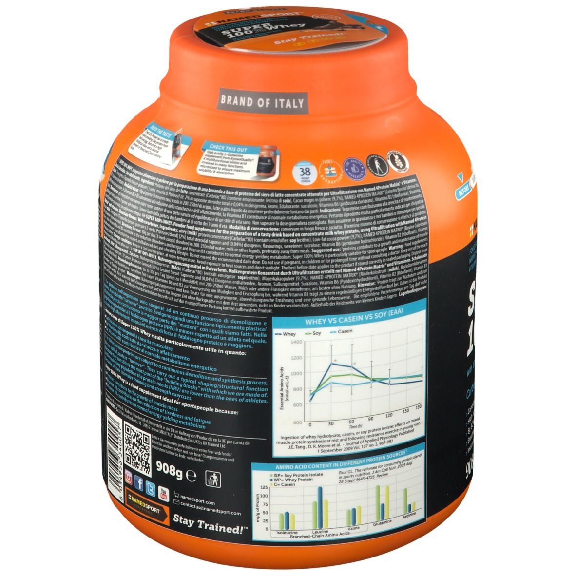 Barattolo arancione NAMEDSPORT Super 100% Whey. Retro con testo e grafici. 'BRAND OF ITALY' in alto.
