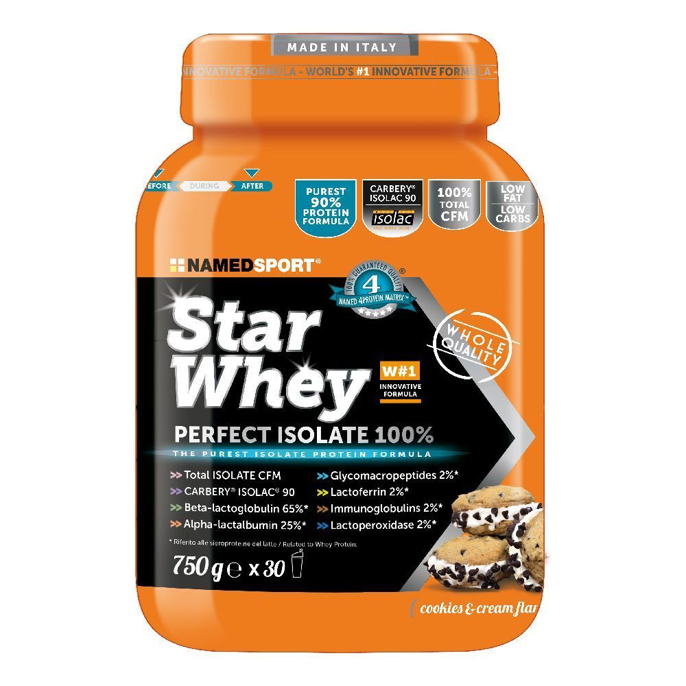Barattolo arancione di Star Whey Isolate Kekse & Sahne. Contiene 750g x 30 porzioni. Scritta: 90% proteine, Carbery Isolac 90, Whole Quality.