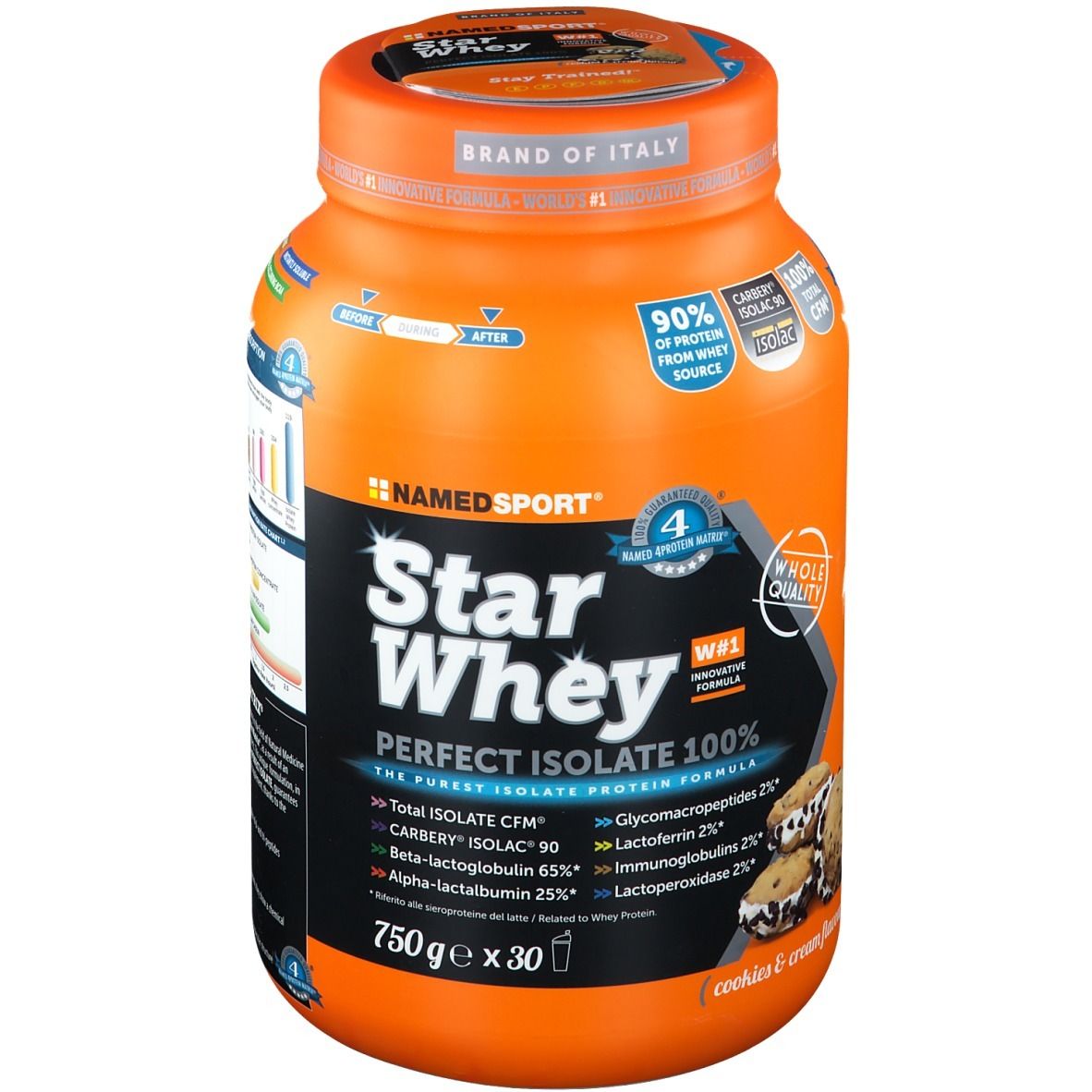 Barattolo arancione Star Whey Isolate Kekse & Sahne. Scritta: 90% proteine, Carbery Isolac 90, Whole Quality. Marchio: NAMEDSPORT®. Prodotto in Italia.