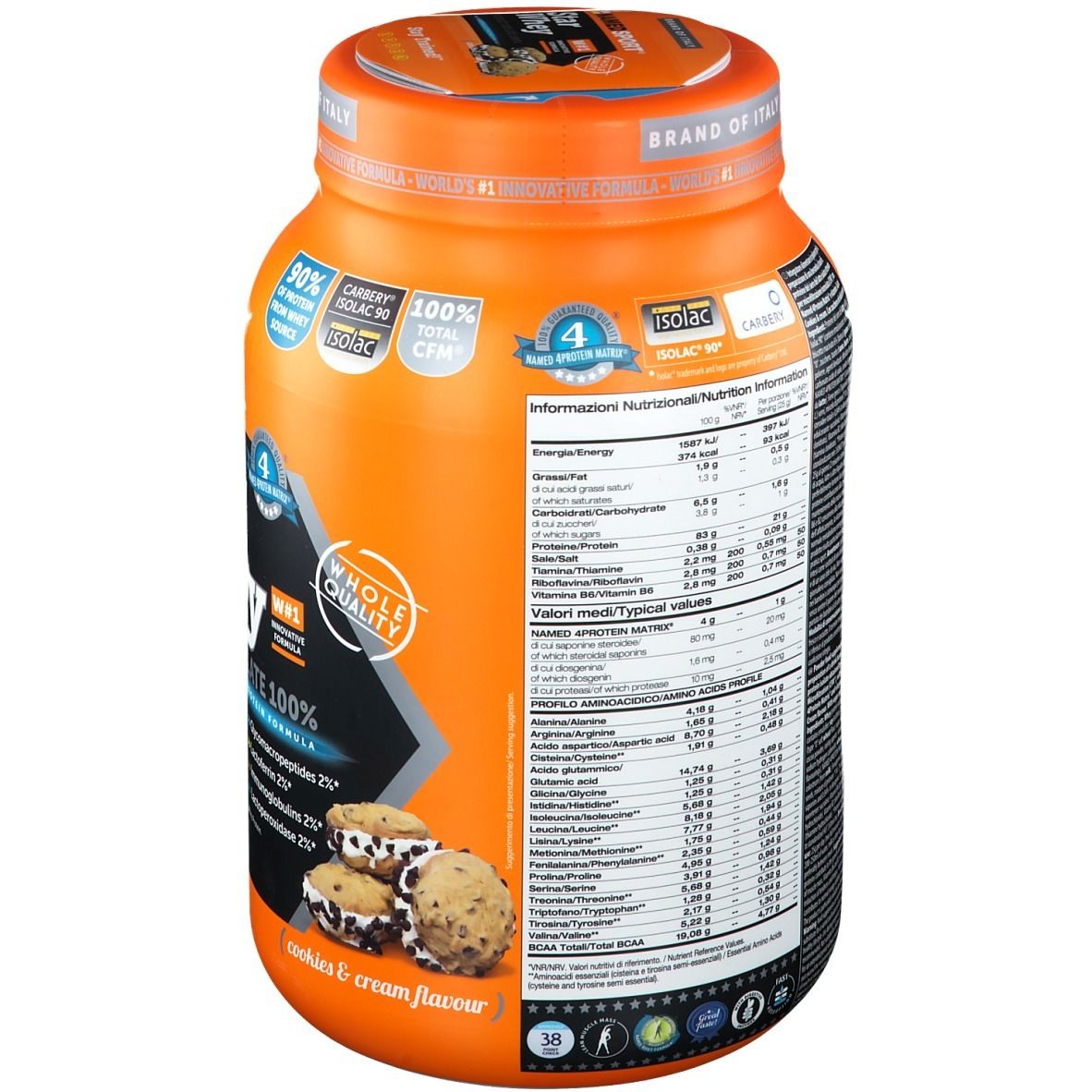 Barattolo arancione Star Whey Isolate Kekse & Sahne. Retro con informazioni nutrizionali e ingredienti. Marchio: NAMEDSPORT®. 750g x 30 porzioni.