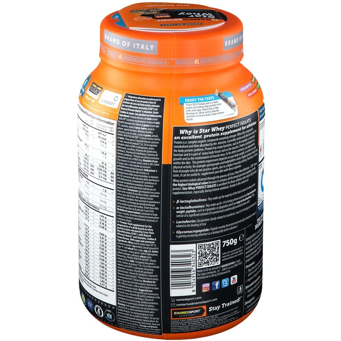 Barattolo arancione Star Whey Isolate Kekse & Sahne. Retro con informazioni prodotto e codice QR. Marchio: NAMEDSPORT®. 750g.
