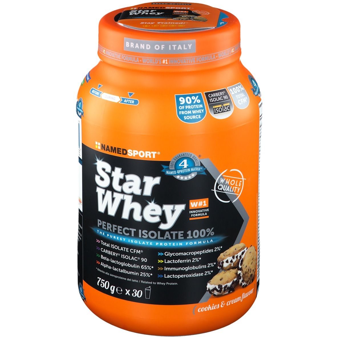Barattolo arancione Star Whey Isolate Kekse & Sahne. Scritta: 90% proteine, Carbery Isolac 90, Whole Quality. Marchio: NAMEDSPORT®. 750g x 30 porzioni.
