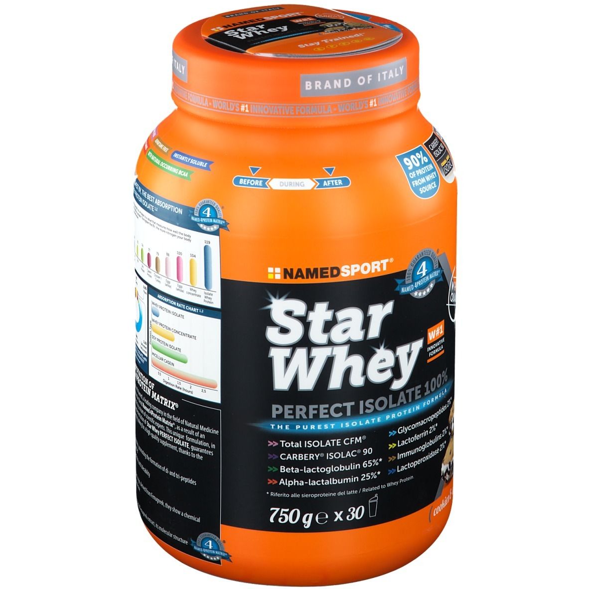 Barattolo arancione Star Whey Isolate Kekse & Sahne. Scritta: 90% proteine, Carbery Isolac 90, Whole Quality. Marchio: NAMEDSPORT®. 750g x 30 porzioni.