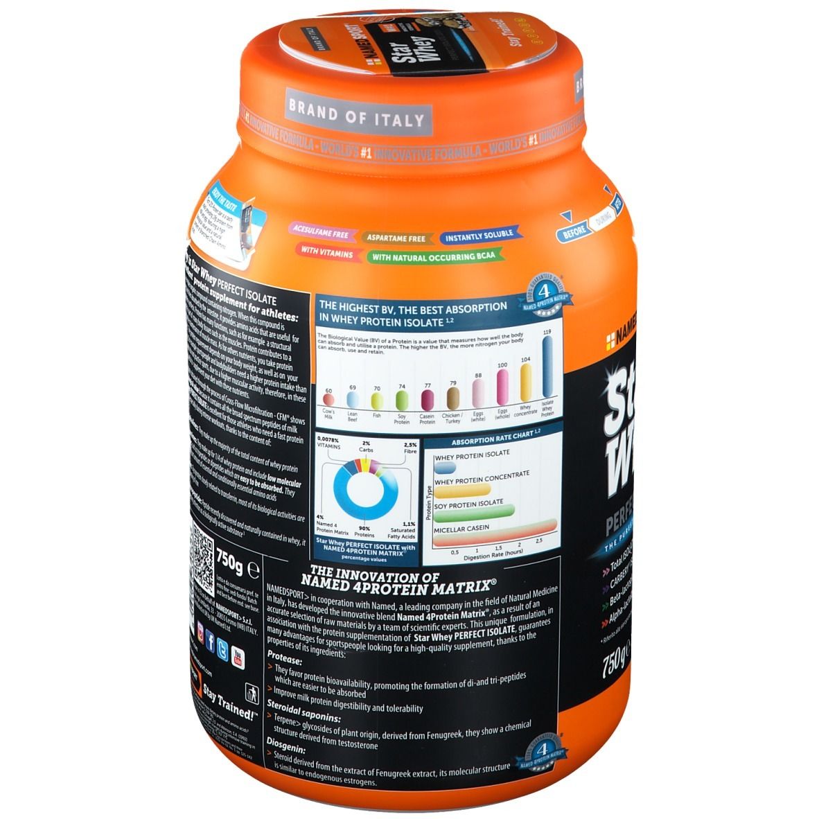 Barattolo arancione Star Whey Isolate Kekse & Sahne. Retro con informazioni prodotto e grafici. Marchio: NAMEDSPORT®. 750g.