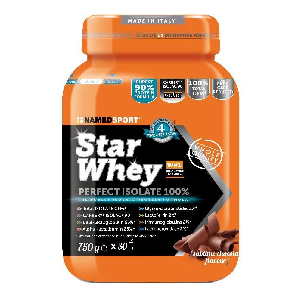 Barattolo arancione con logo Star Whey. Testo: Perfect Isolate 100%, 90% proteine, Isolac 90. Gusto cioccolato.