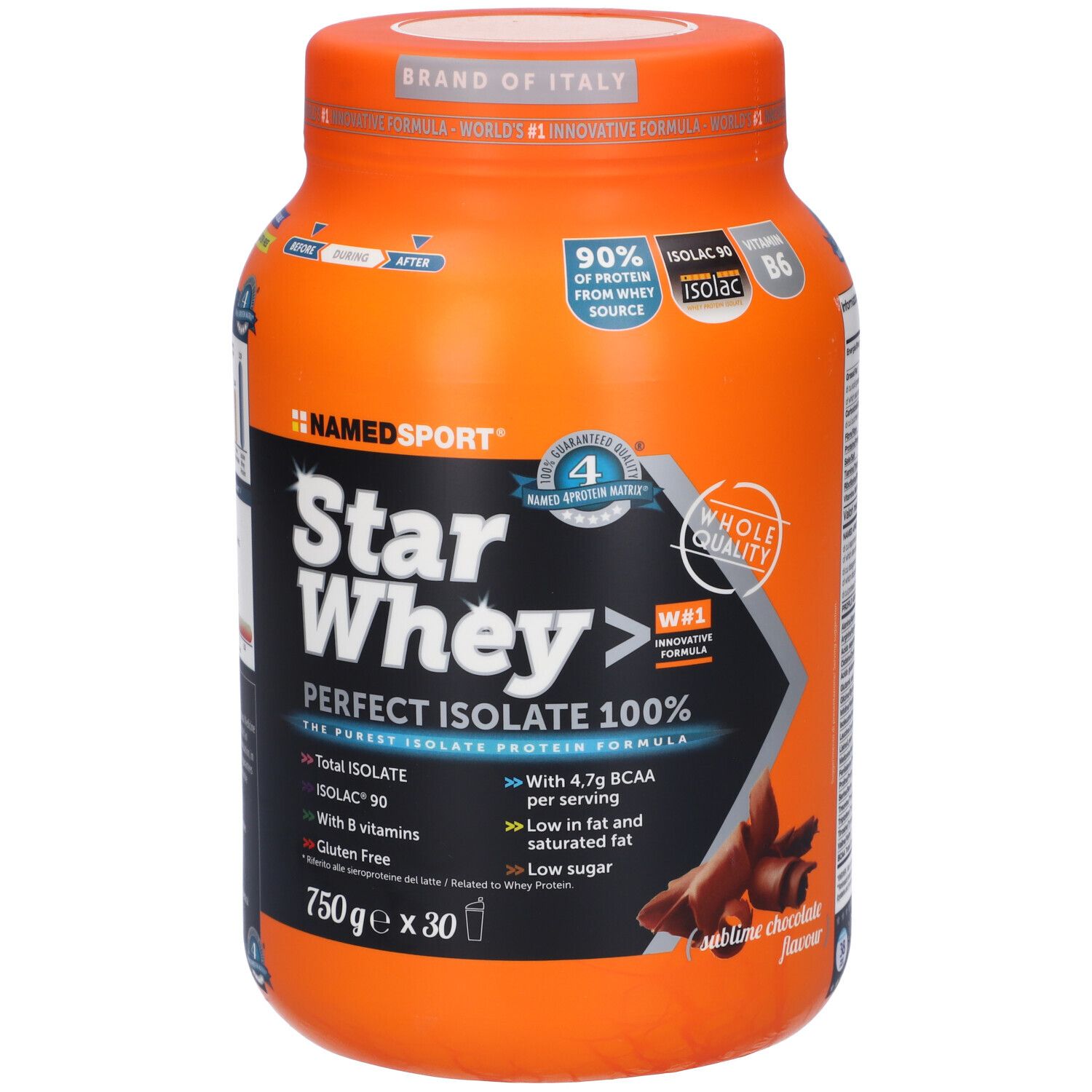 Barattolo arancione con logo Star Whey. Testo: Perfect Isolate 100%, 90% proteine, Isolac 90. Gusto cioccolato.