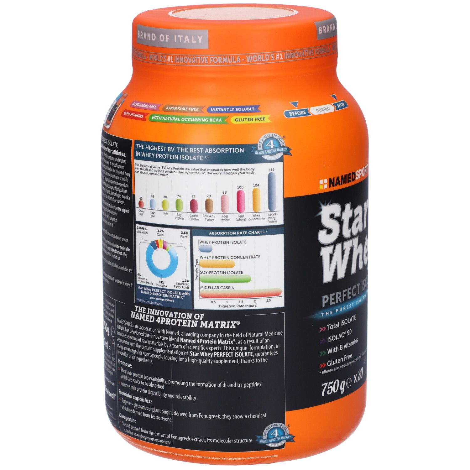 Retro di un barattolo arancione. Grafici e testo. Testo: Star Whey Perfect Isolate, senza glutine, Made in Italy.