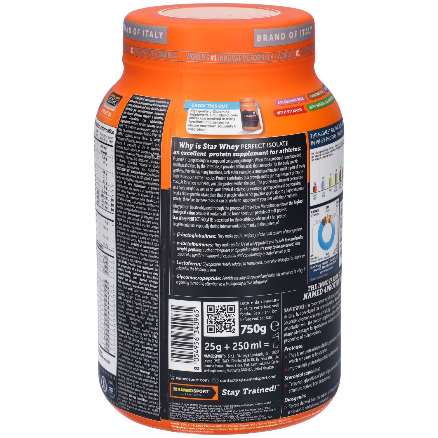 Retro di un barattolo arancione. Testo e grafici. Testo: Star Whey Perfect Isolate, senza glutine, Made in Italy.