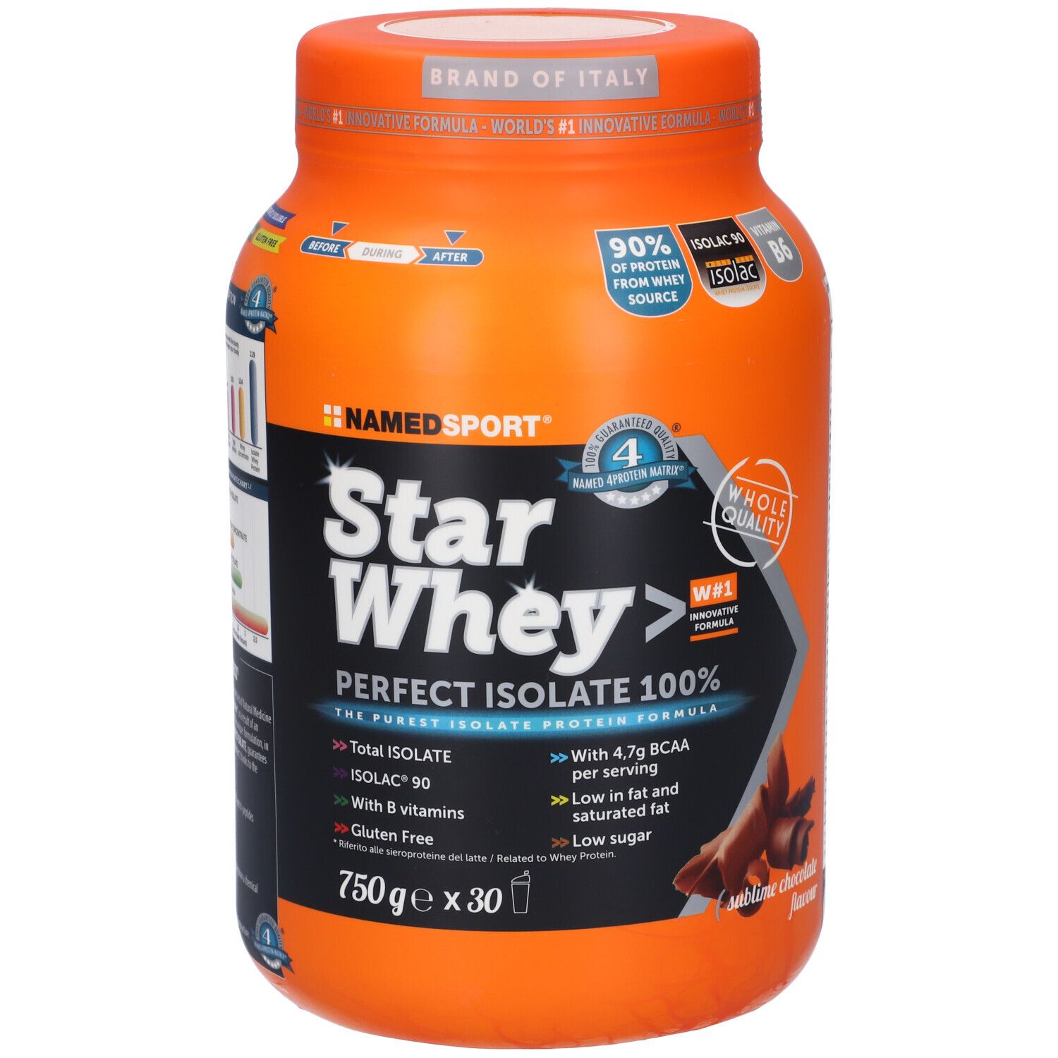 Barattolo arancione con logo Star Whey. Testo: Perfect Isolate 100%, 90% proteine, Isolac 90. Gusto cioccolato.