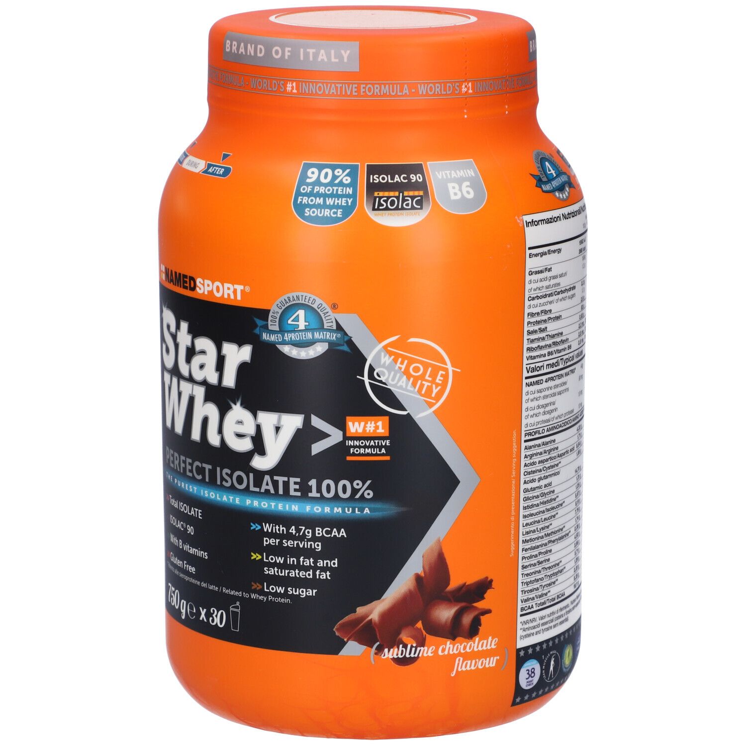 Barattolo arancione con logo Star Whey. Testo: Perfect Isolate 100%, 90% proteine, Isolac 90. Gusto cioccolato.