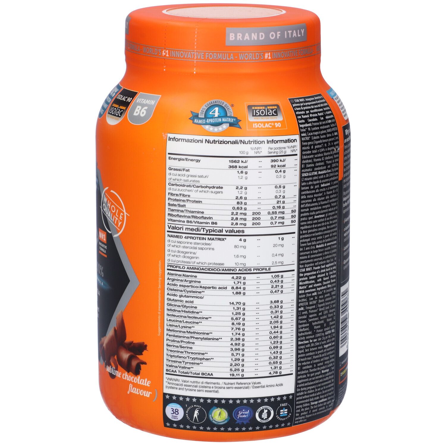 Retro di un barattolo arancione. Informazioni nutrizionali e profilo aminoacidico. Testo: Star Whey, gusto cioccolato.
