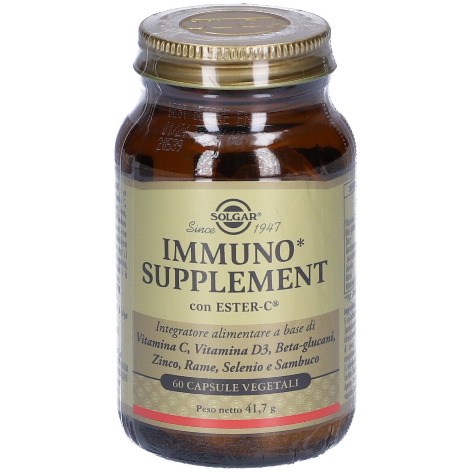 Flacone di vetro marrone SOLGAR Immuno Supplement. Scritta: 60 capsule vegetali. Coperchio dorato.