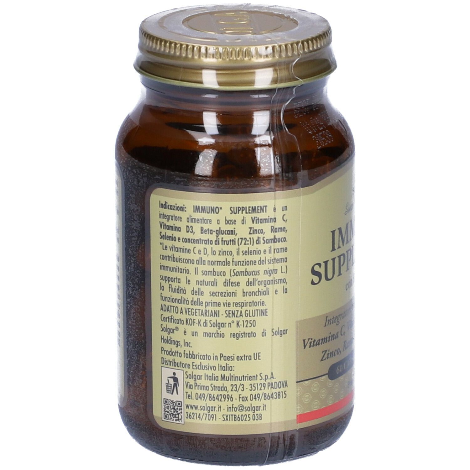 Retro del flacone di vetro marrone SOLGAR Immuno Supplement. Testo con ingredienti e informazioni produttore.