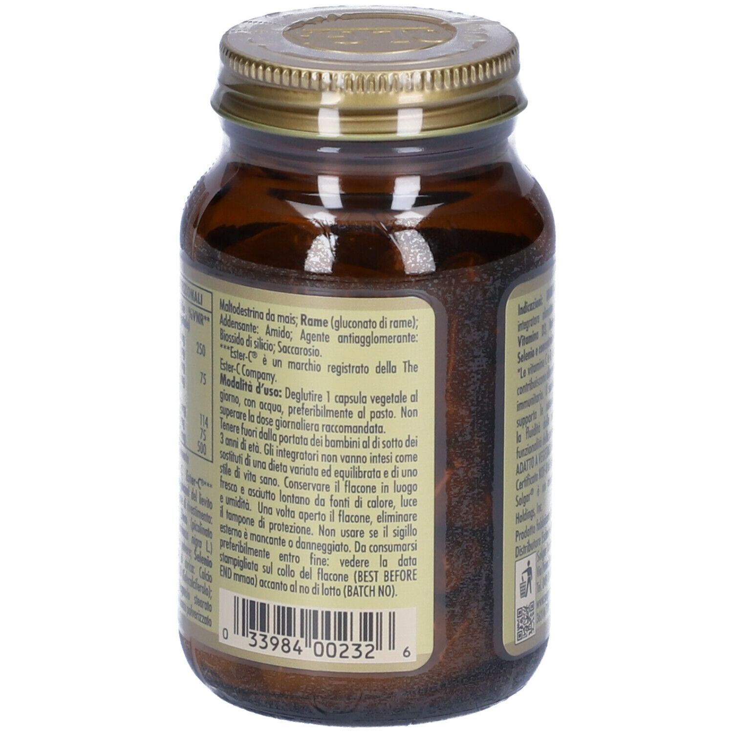 Retro del flacone di vetro marrone SOLGAR Immuno Supplement. Testo con istruzioni per l'uso e ingredienti.