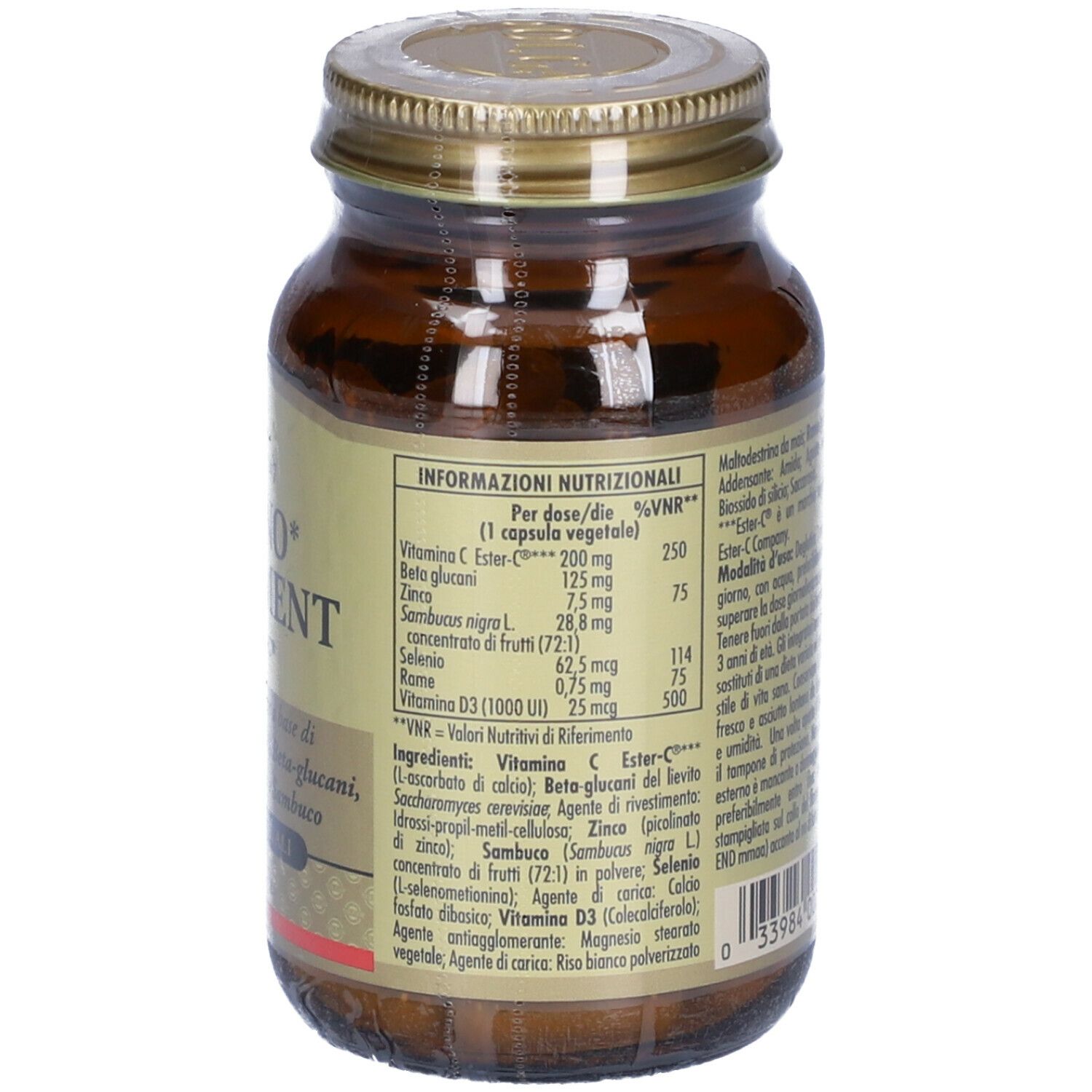 Retro del flacone di vetro marrone SOLGAR Immuno Supplement. Informazioni nutrizionali e ingredienti.