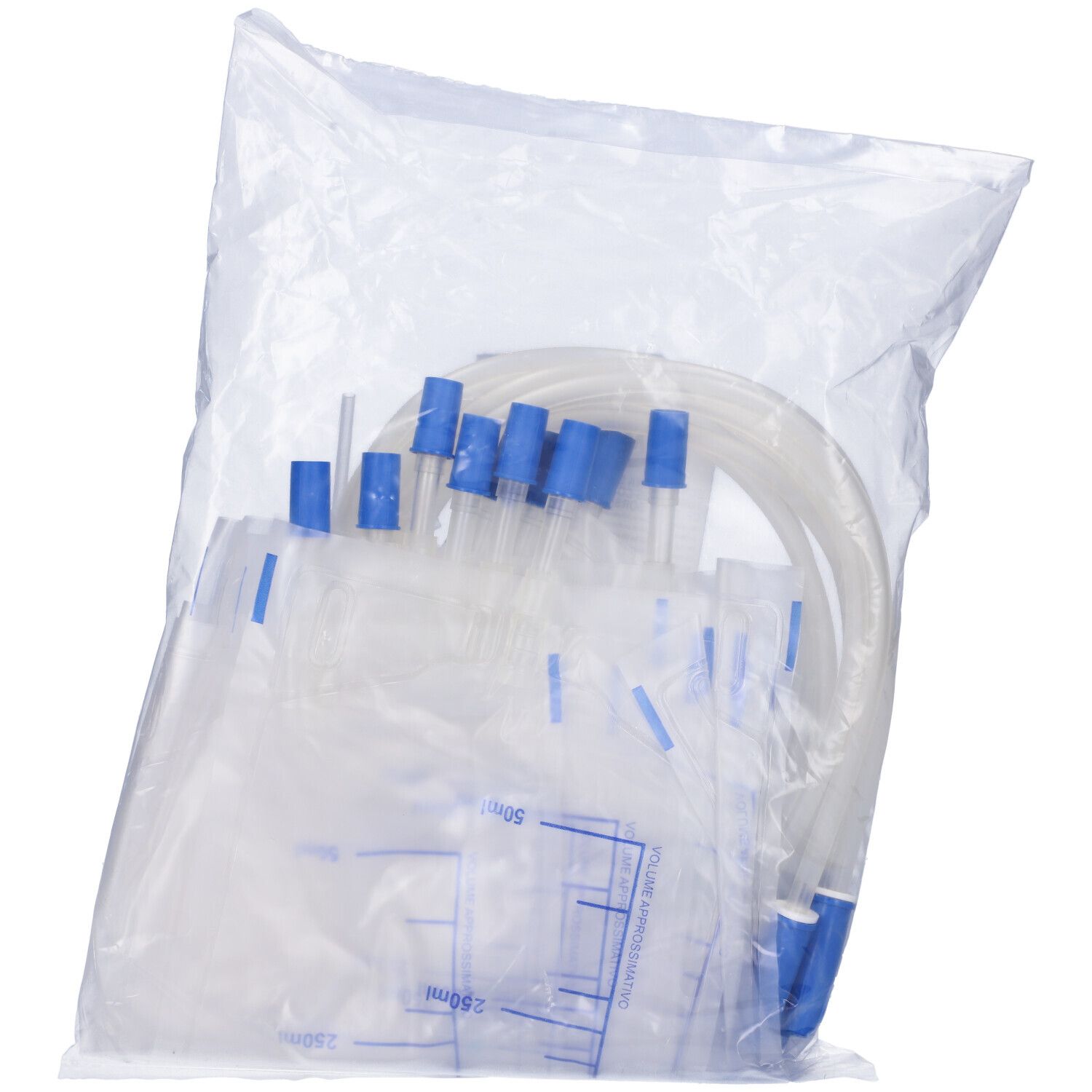 Transparente Beutel mit medizinischen Artikeln. Mehrere Beutel mit blauen Verschlüssen sichtbar.