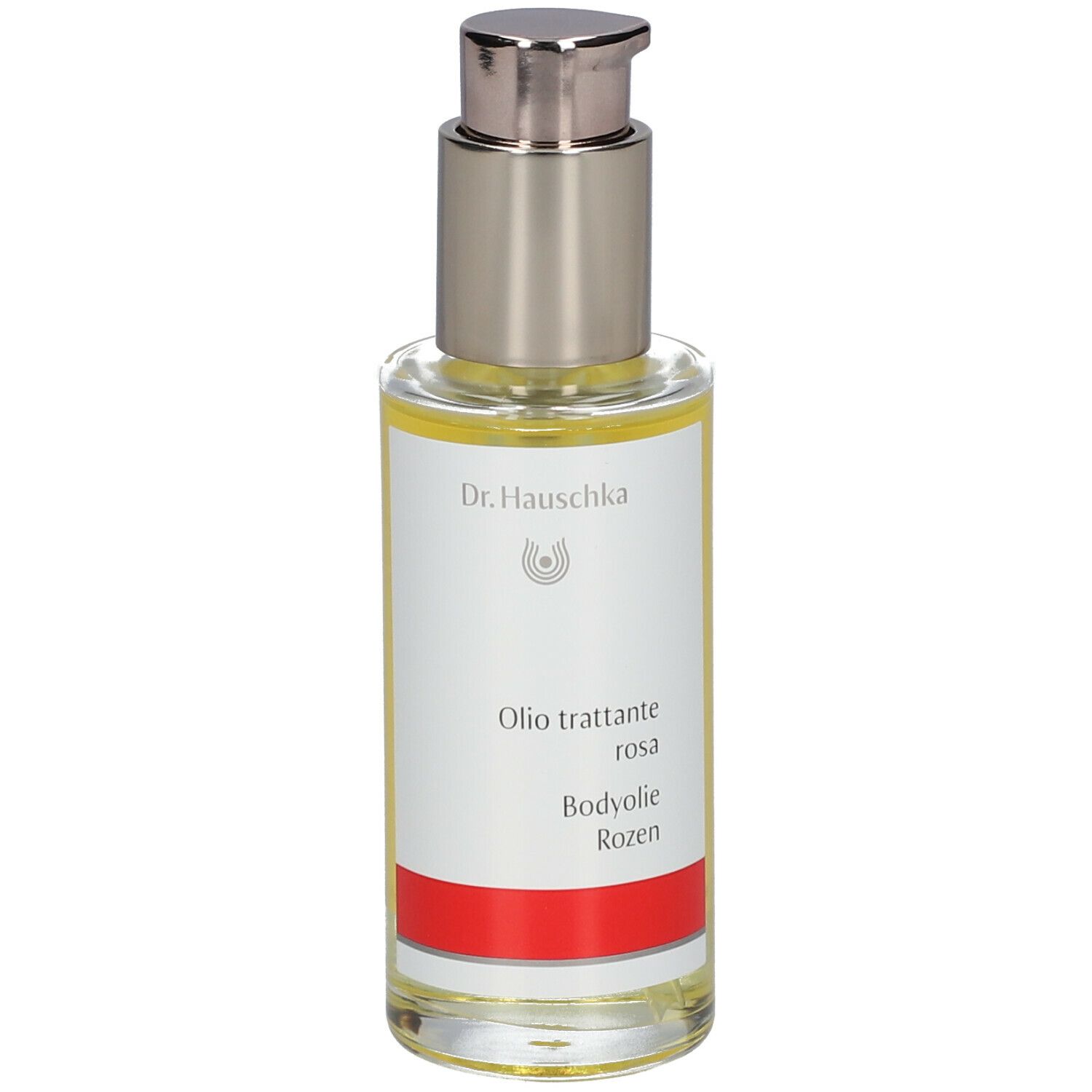 Flacone in vetro con pompetta argentata. Etichetta con logo Dr. Hauschka e testo: Olio trattante rosa, Bodyolie Rozen.