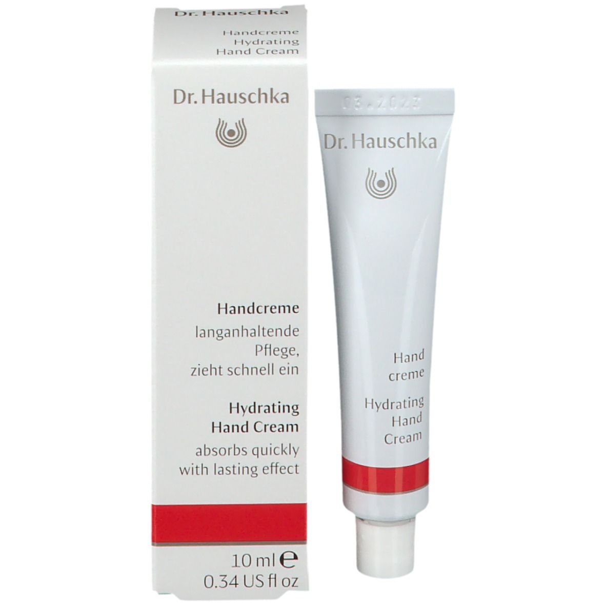Confezione e tubo. Scritta: Dr. Hauschka, Handcreme, Hydrating Hand Cream, 10 ml.