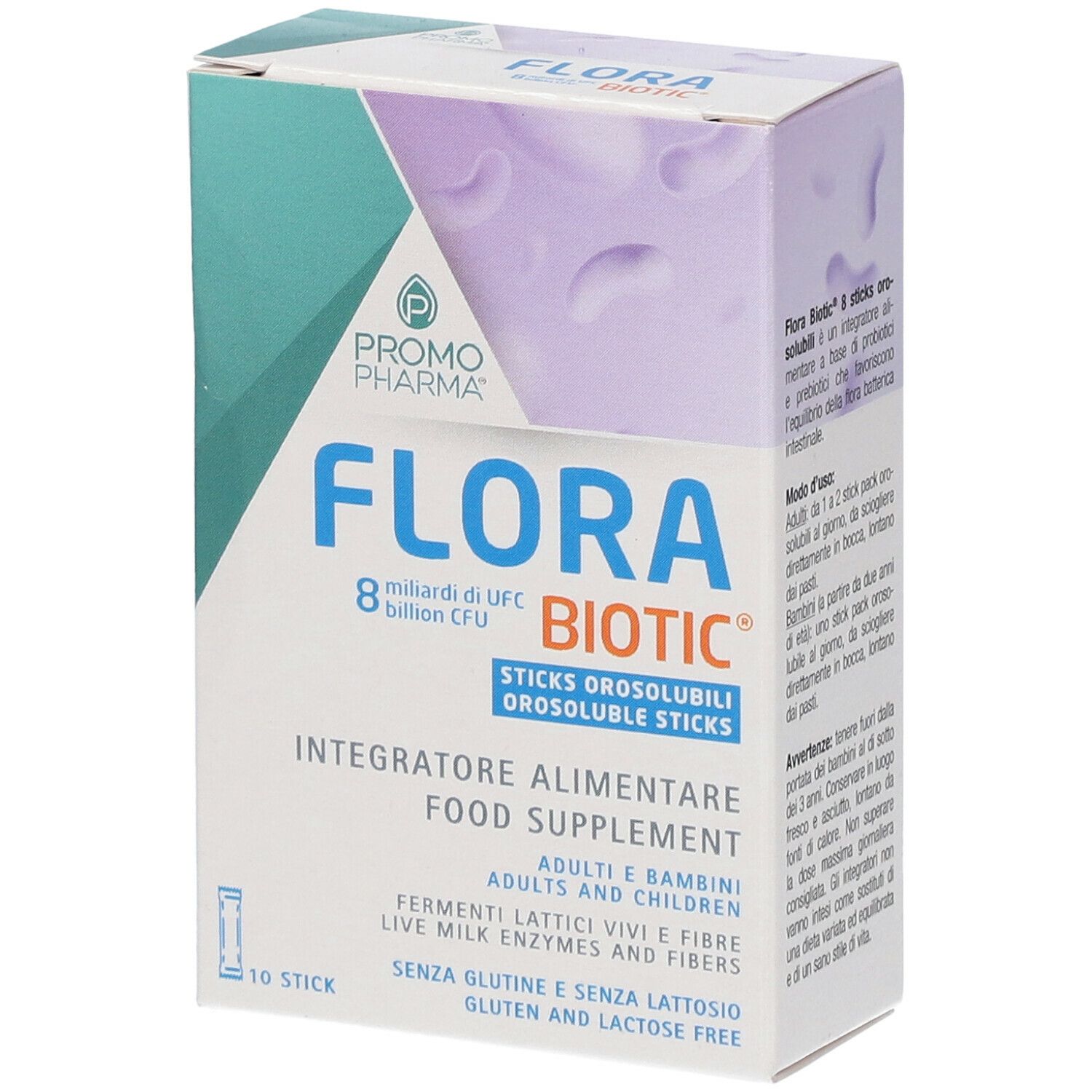 Scatola FLORA BIOTIC, 8 miliardi di UFC. 10 stick orosolubili. Integratore alimentare. Senza glutine e lattosio.