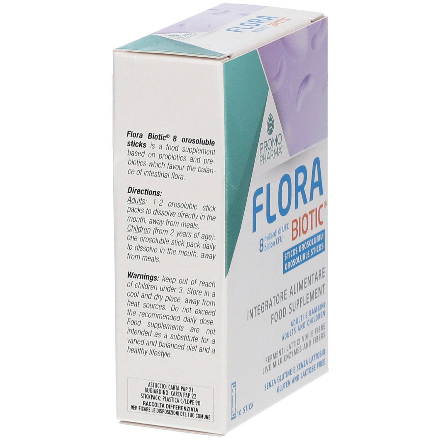 Scatola FLORA BIOTIC, vista laterale. Testo: 8 stick orosolubili. Integratore alimentare. Istruzioni per l'uso e avvertenze.