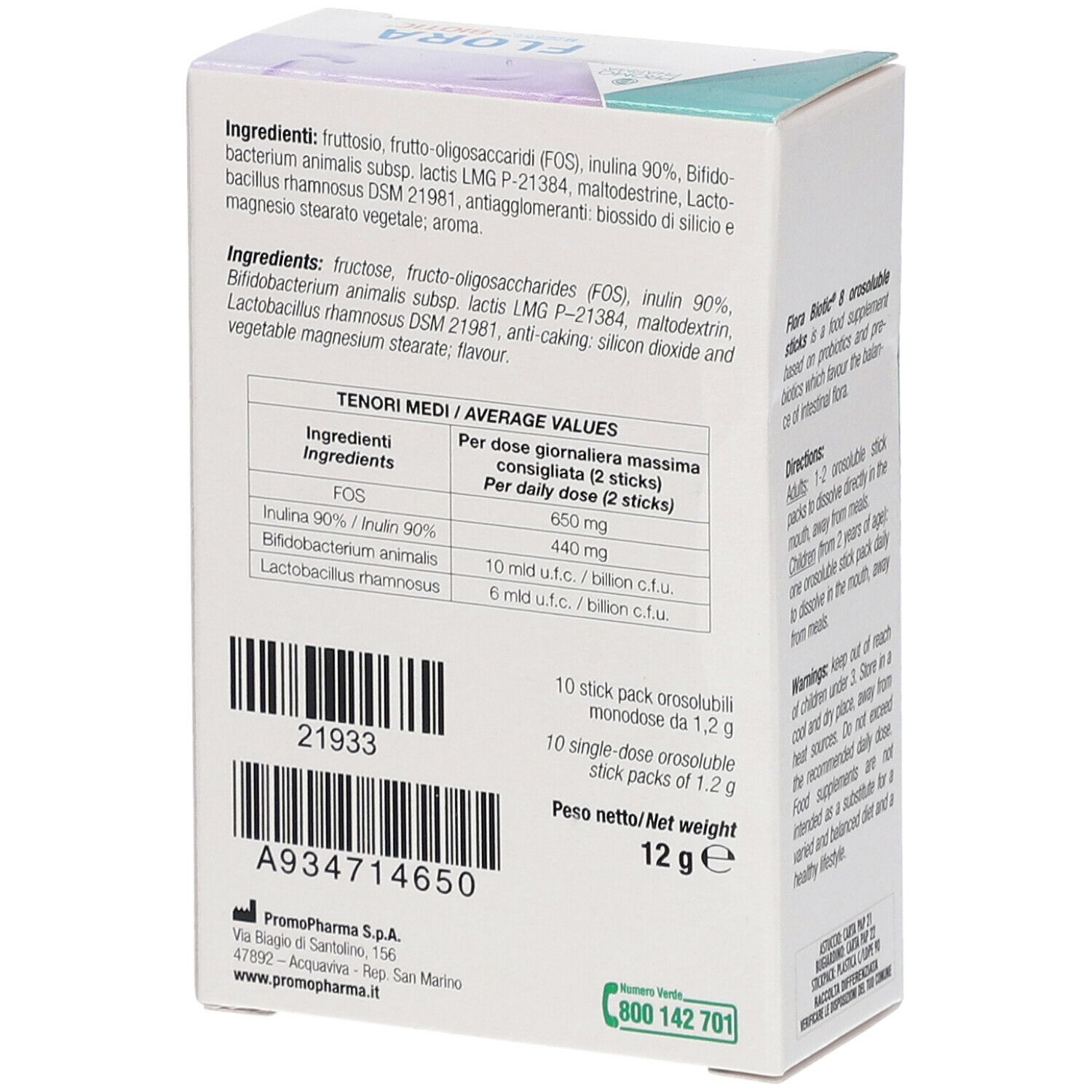 Scatola FLORA BIOTIC, retro. Elenco ingredienti e tabella nutrizionale. 10 stick orosolubili. Peso netto 12g.