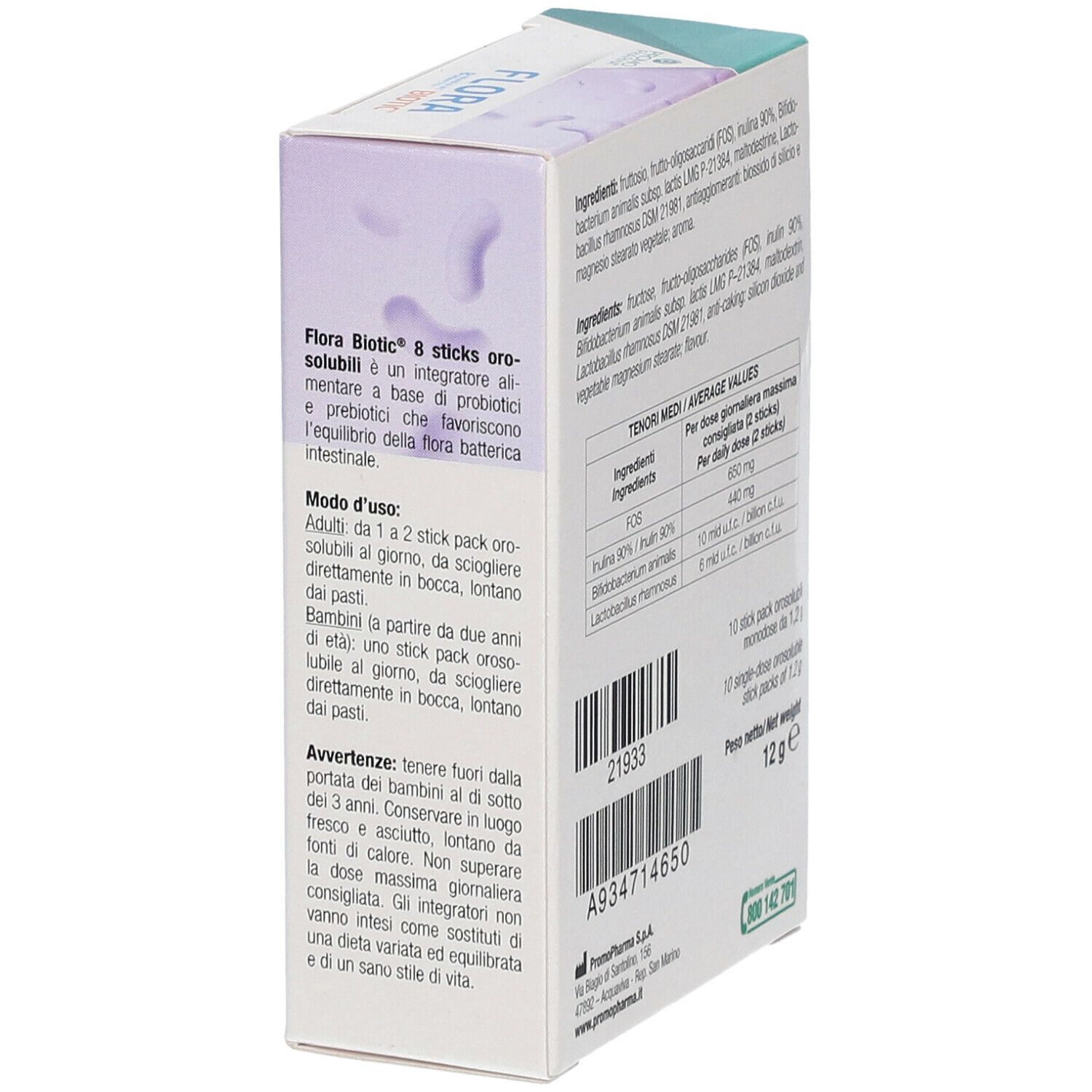 Scatola FLORA BIOTIC, vista laterale. Testo: 8 stick orosolubili. Integratore alimentare. Istruzioni per l'uso e avvertenze.