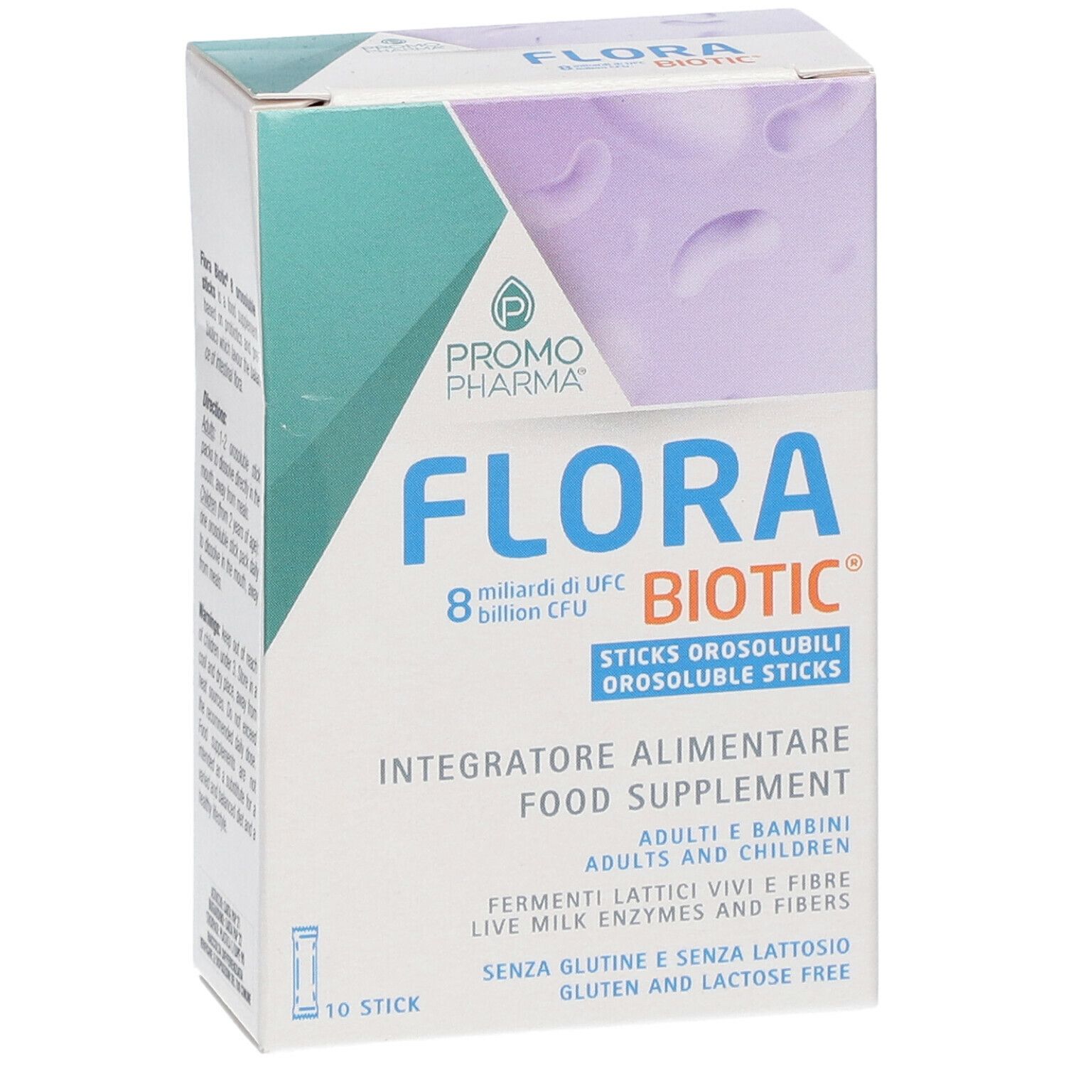 Scatola FLORA BIOTIC, 8 miliardi di UFC. 10 stick orosolubili. Integratore alimentare. Senza glutine e lattosio.