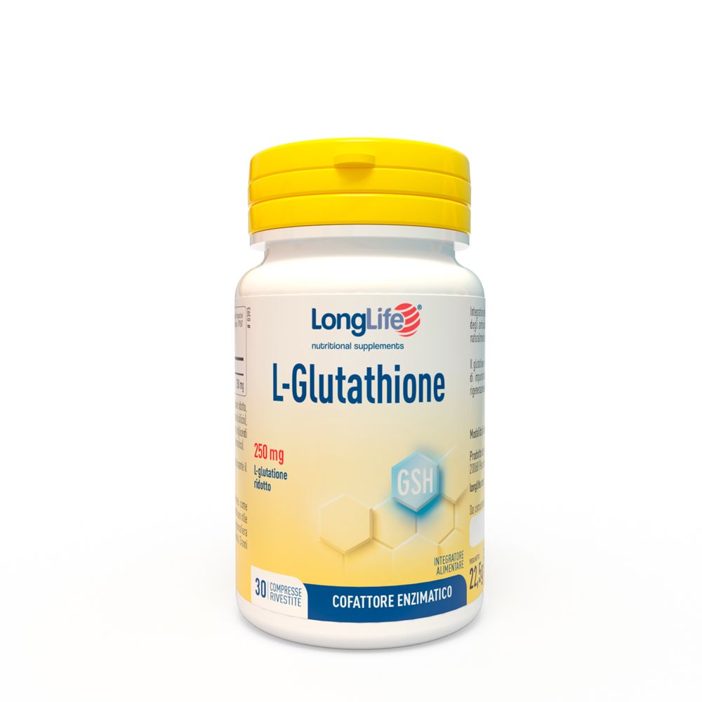 Flacone bianco di integratore alimentare con tappo giallo. Scritta: L-Glutatione 250 mg, 30 compresse.
