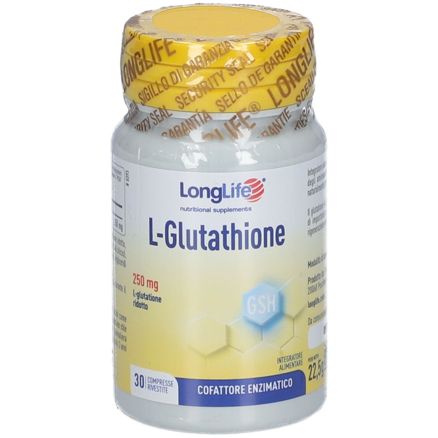 Flacone di integratore alimentare con tappo giallo e sigillo. Scritta: L-Glutatione 250 mg, 30 compresse.