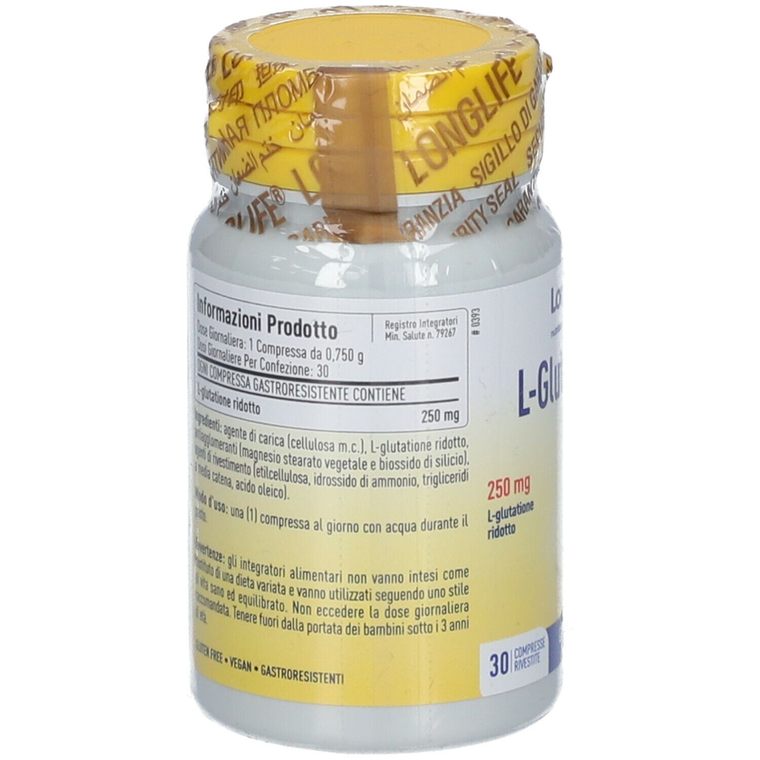 Retro del flacone di integratore alimentare. Scritta: L-Glutatione 250 mg, 30 compresse. Elenco ingredienti.