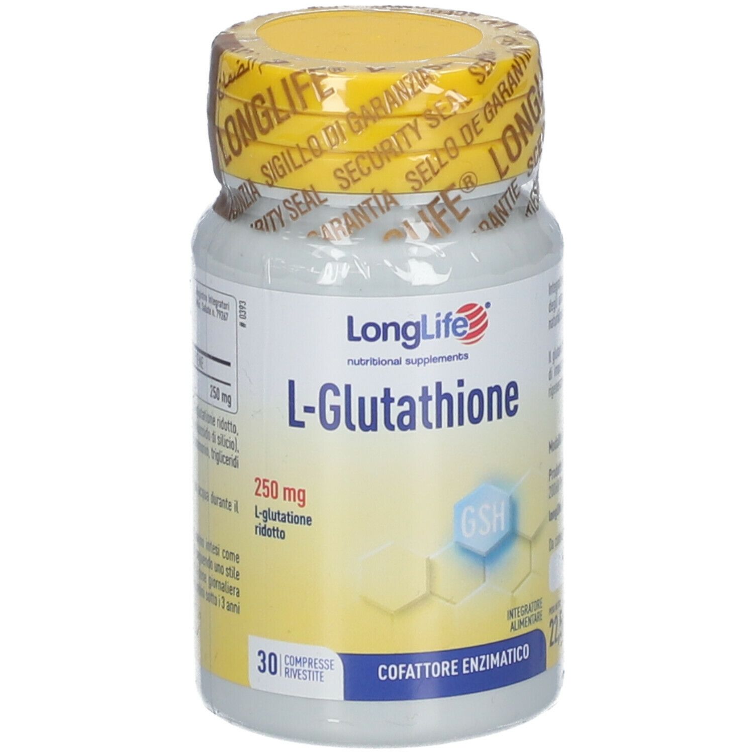 Flacone di integratore alimentare con tappo giallo e sigillo. Scritta: L-Glutatione 250 mg, 30 compresse.